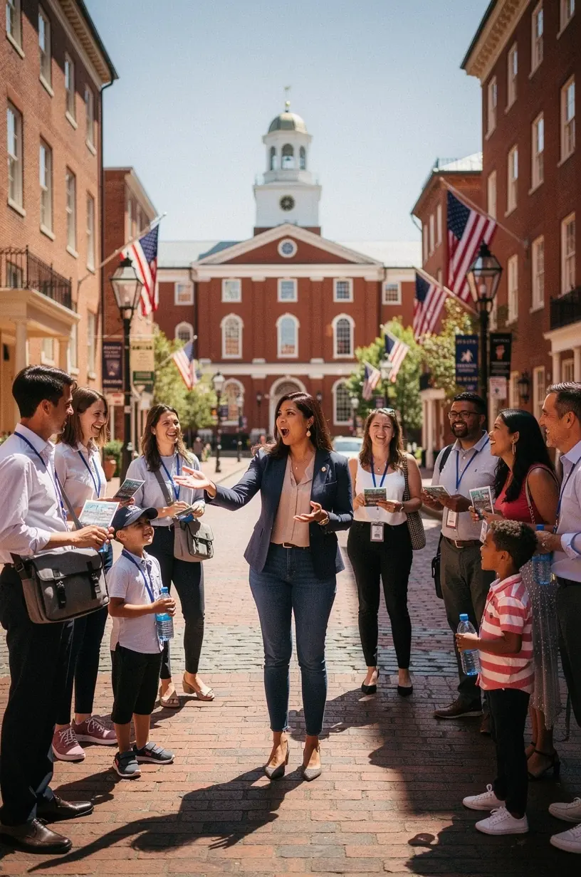 Tourists engaged in storytelling during a city tour.